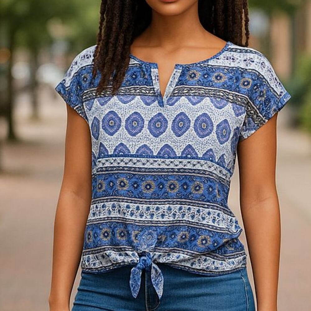Lucky Brand Bohemian front waist tie V-neck and cap sleeves knit top Size XS NWT